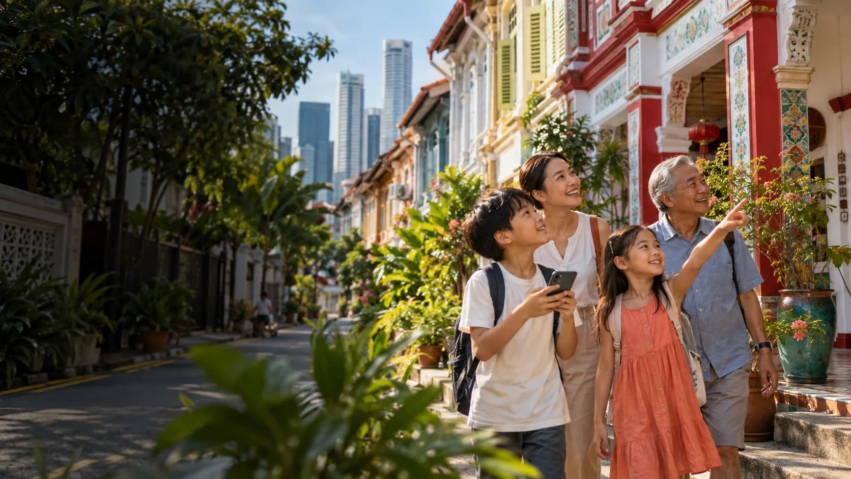 A family exploring a Peranakan neighbourhood in Singapore
